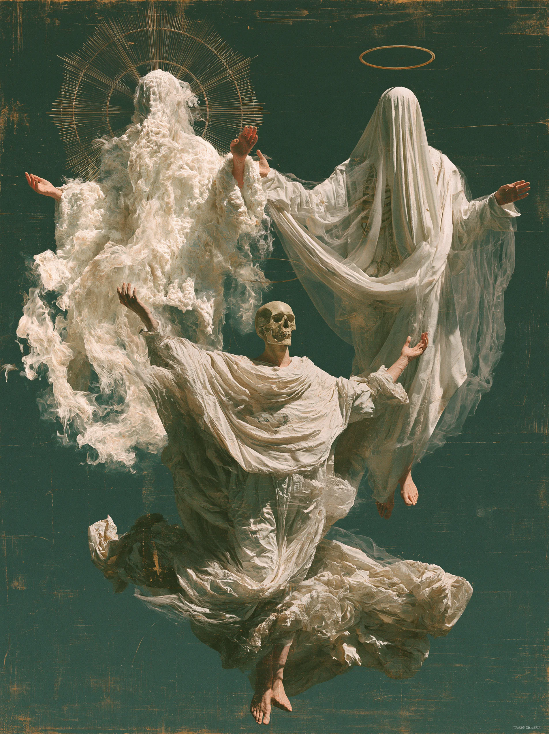 Three ghostly robed figures suspended against a dark background