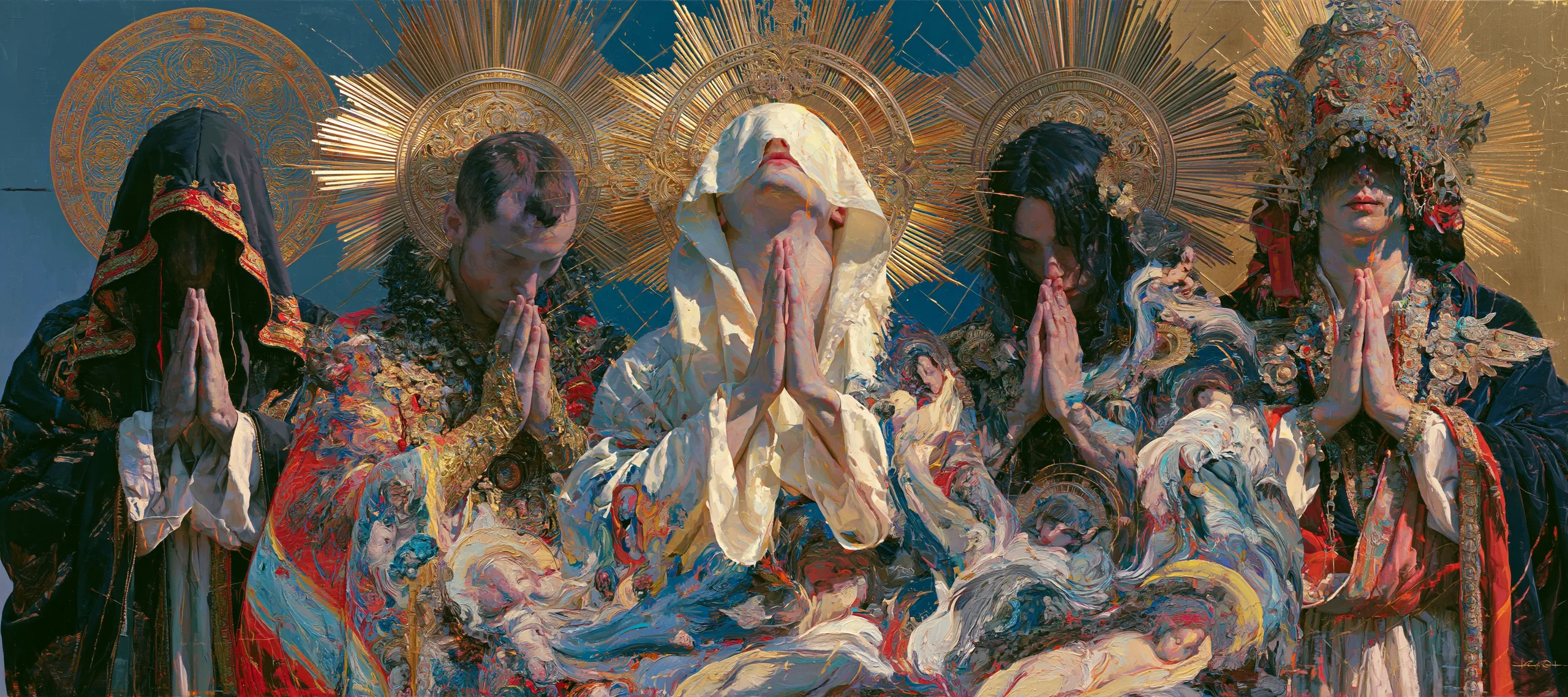 Five richly dressed veiled figures praying beneath ornate halos