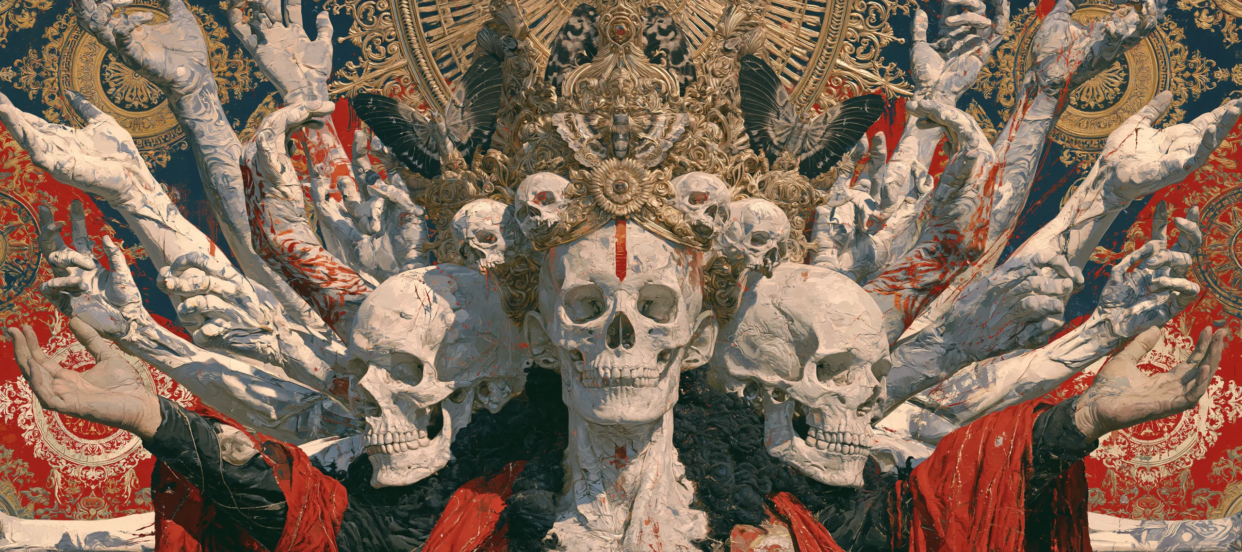 A crowned skull figure with many raised arms against red and gold